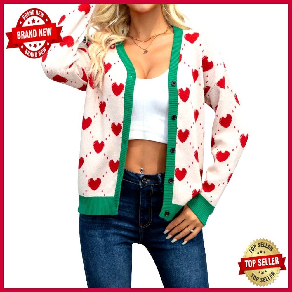 Valentines Heart Graphic Knit Cardigan Sweater V Neck Button Down Open Front